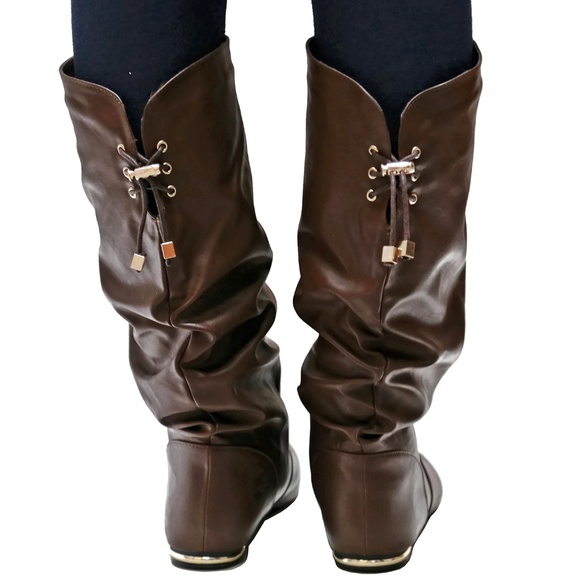 New Brown Slouchy Mid Calf Flat Heel Riding Boots - Picture 4 of 5